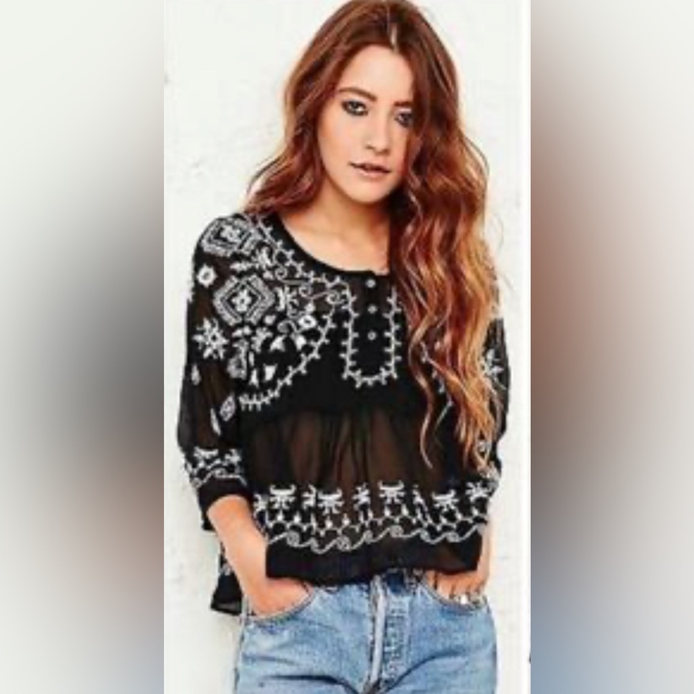 Free People Black Sheer Chiffon Blouse with White Embroidery - Picture 2 of 12